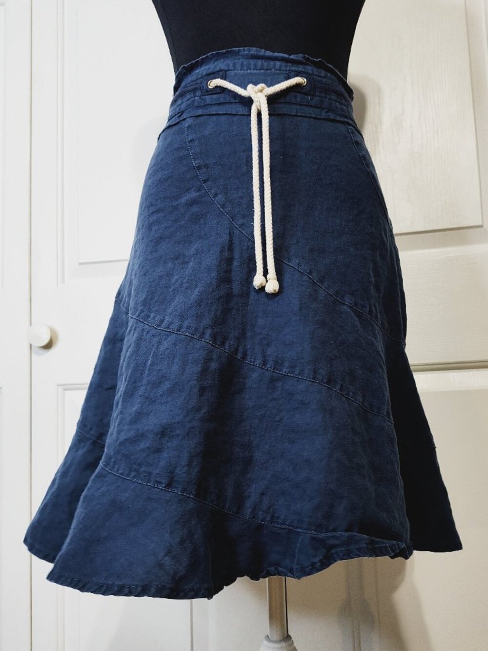 DKNY Jeans Petites Linen Blend Flounce Skirt Sz 4P Navy Blue Drawstring Y2K